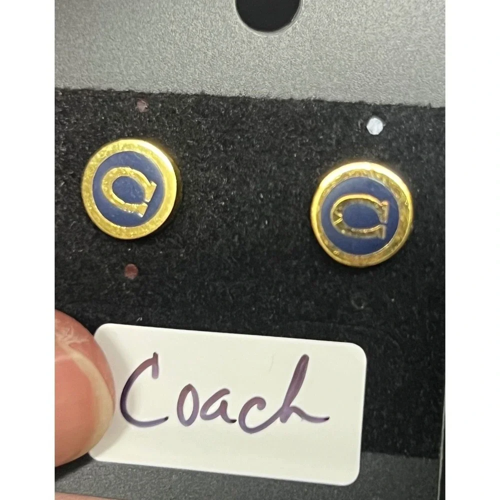 Coach Logo Stud Earrings Womens OS Blue Gold Excellent Circular Enamel - Picture 3 of 5